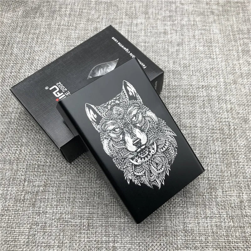 Ultra-Slim Aluminum Cigarette Case with Laser-Engraved Wolf Design