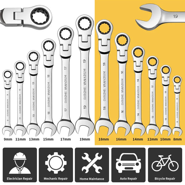 A set of flexible pivot ratchet wrenches with various sizes and an accompanying tool kit.