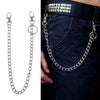 A silver chrome steel punk chain belt accessory with a keyring is shown attached to dark denim jeans.
