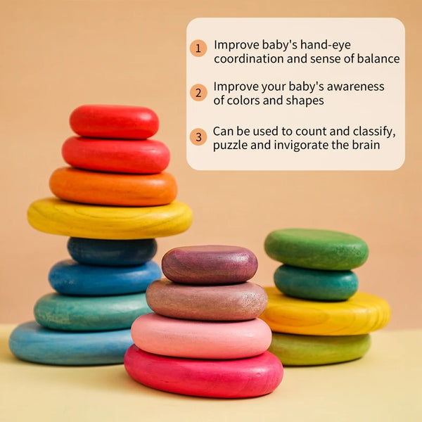 Wooden Rainbow Stacking Stones - Montessori Balancing Blocks for Kids