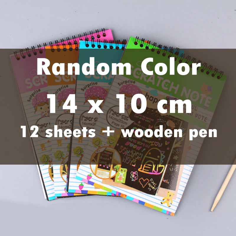 A stack of colorful scratch art note sheets and a wooden pen are displayed on a gray background.