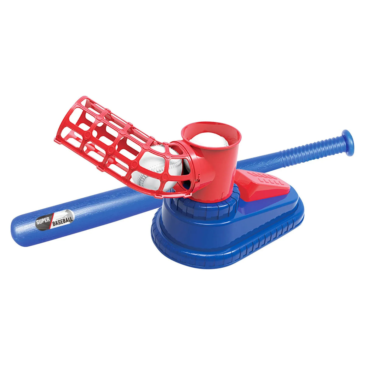 A red and blue kids' T-ball pitching machine set with a bat and balls.