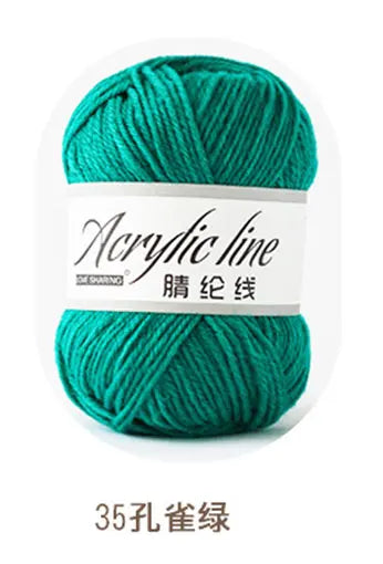 A ball of bright teal acrylic line yarn labeled as 35-count thread.