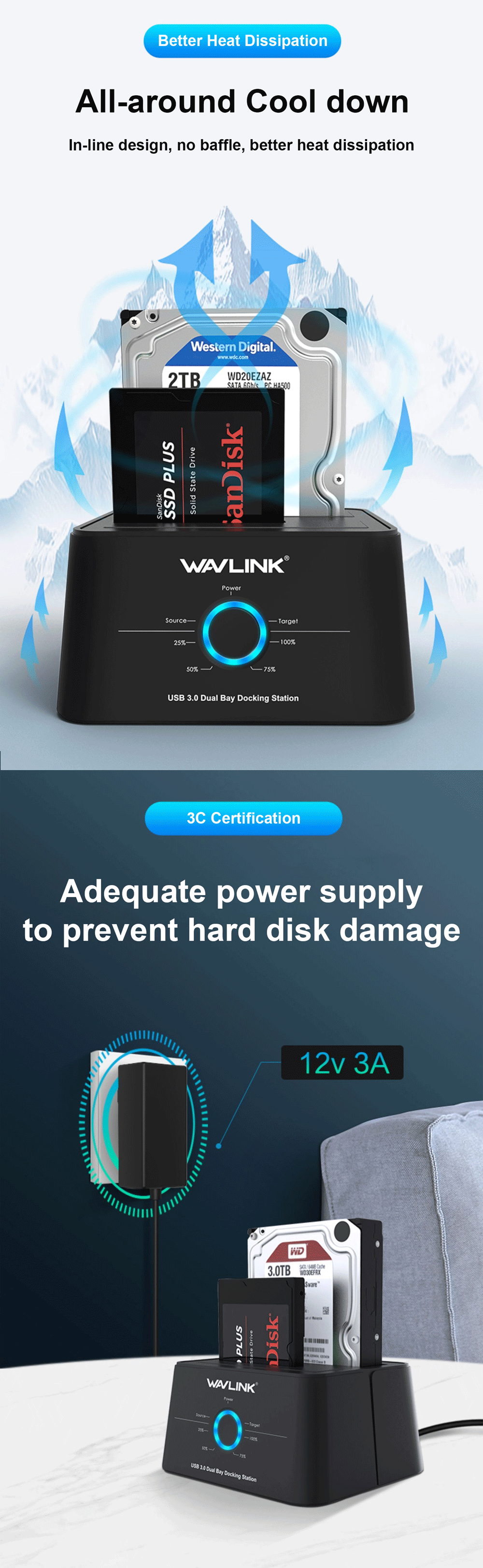 Dual Bay SATA Hard Drive Docking Station with Offline Clone Function