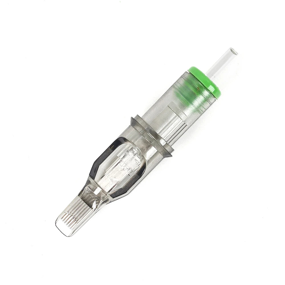 A professional tattoo cartridge needle with a long taper design for shading and color packing.