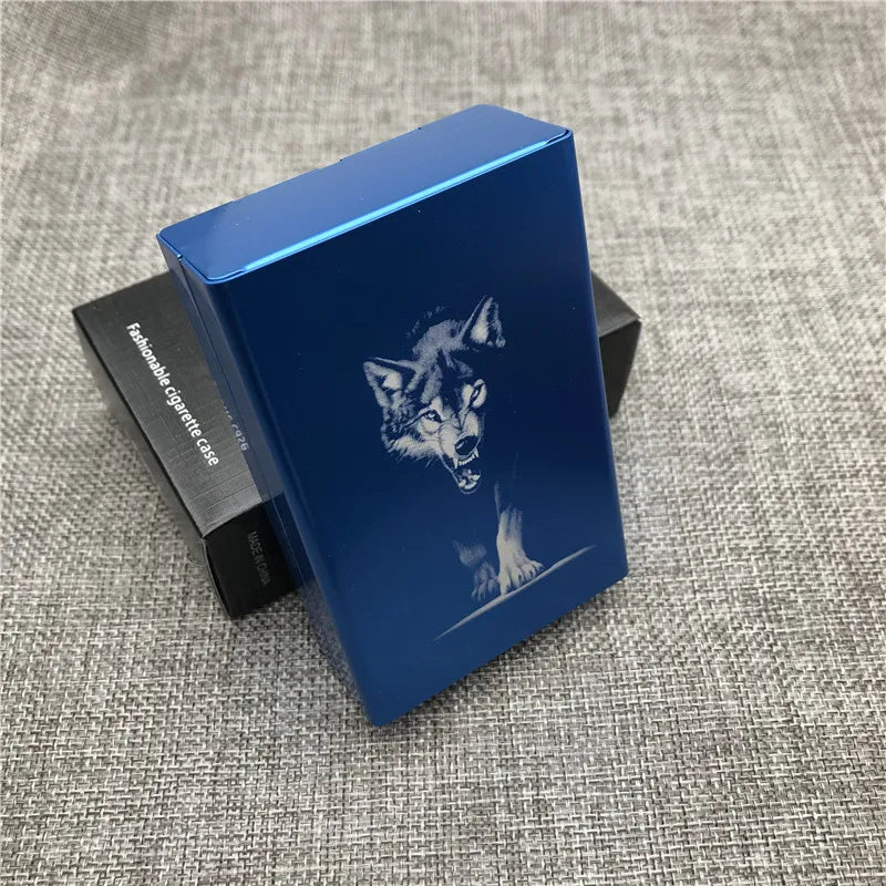Ultra-Slim Aluminum Cigarette Case with Laser-Engraved Wolf Design