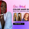 A model shows off a vibrant red hair don wig with long straight hair and a white top, alongside images of various colored wig