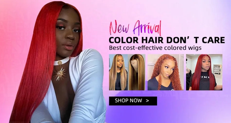 A model shows off a vibrant red hair don wig with long straight hair and a white top, alongside images of various colored wig
