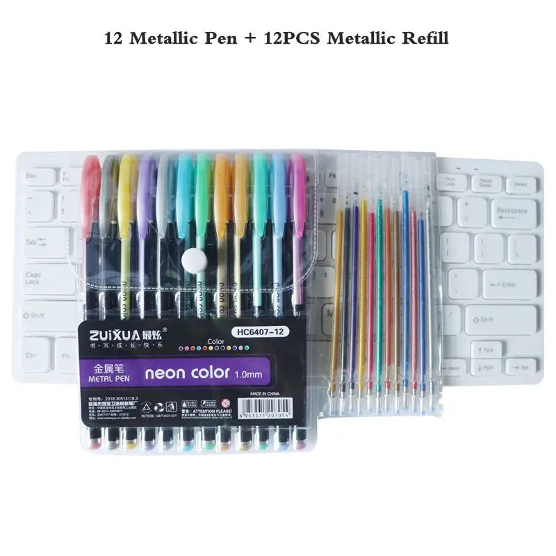 A set of 12 metallic pens and 12 refill pens in various colors and finishes.