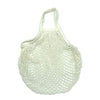A reusable mesh produce bag made of organic cotton, light cream color, shown from the top.