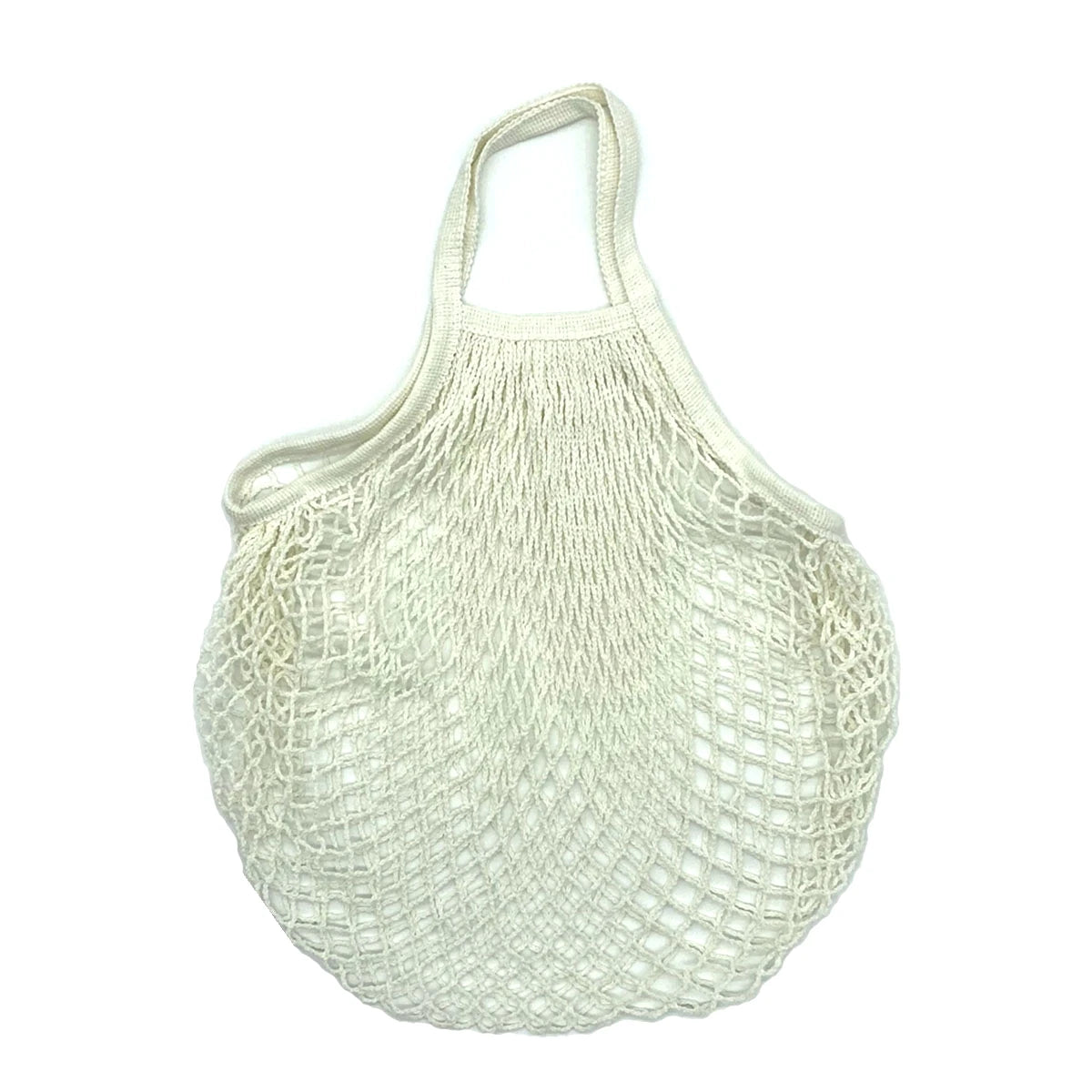 A reusable mesh produce bag made of organic cotton, light cream color, shown from the top.