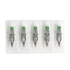 A row of professional tattoo cartridge needles with green tips and silver bodies.