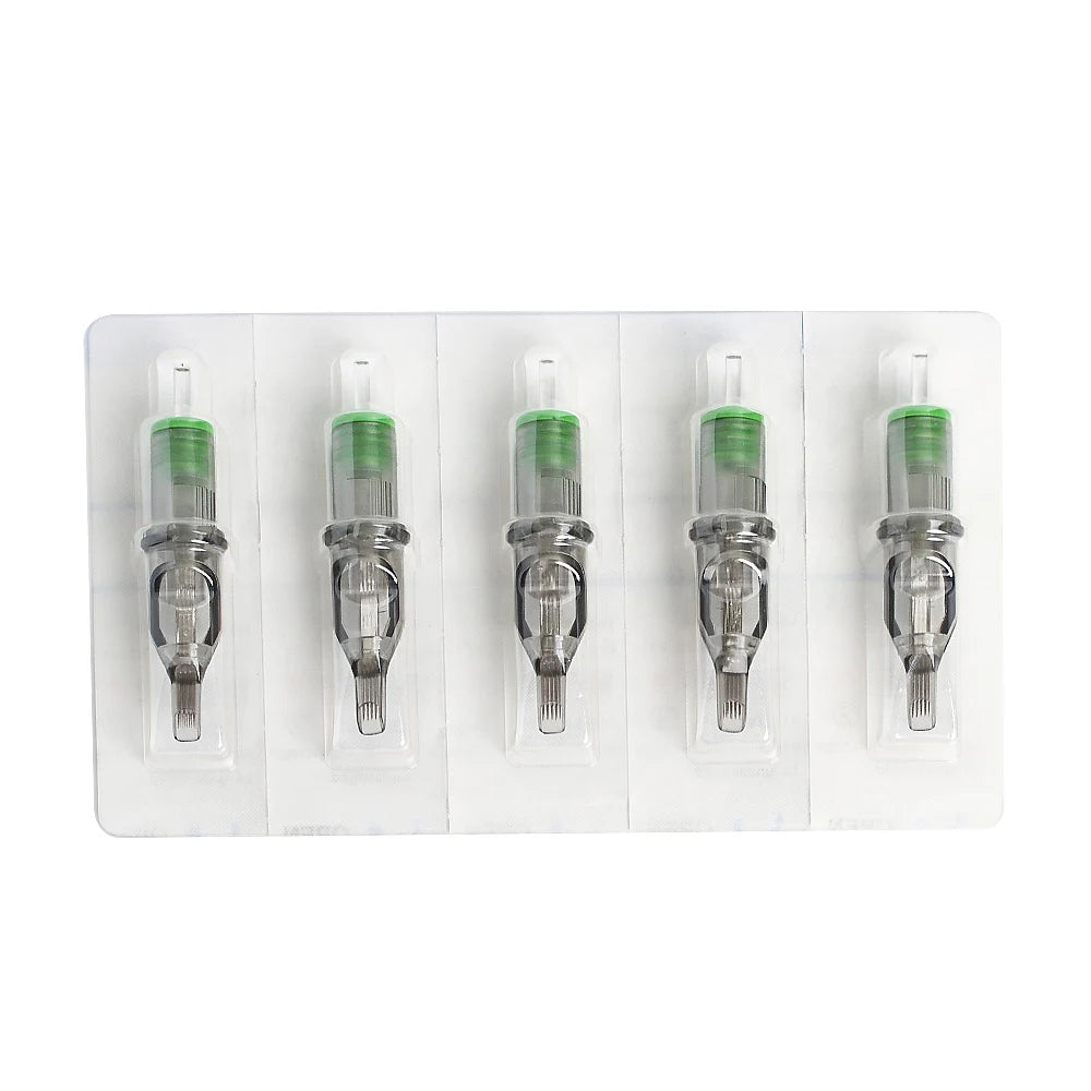 A row of professional tattoo cartridge needles with green tips and silver bodies.