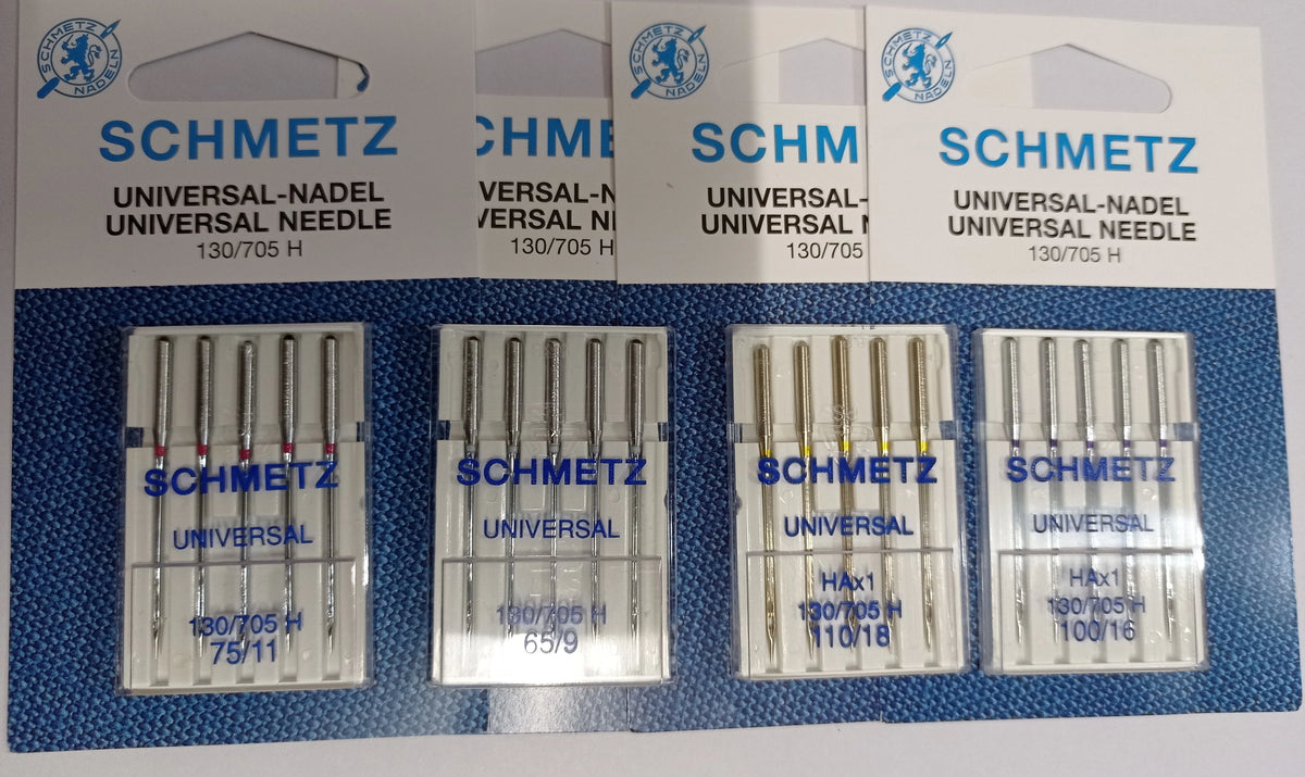 Pack of five Schmidt universal sewing machine needles labeled 130/705 H and 110/18.