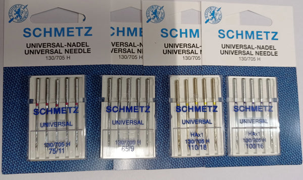 Pack of five Schmidt universal sewing machine needles labeled 130/705 H and 110/18.