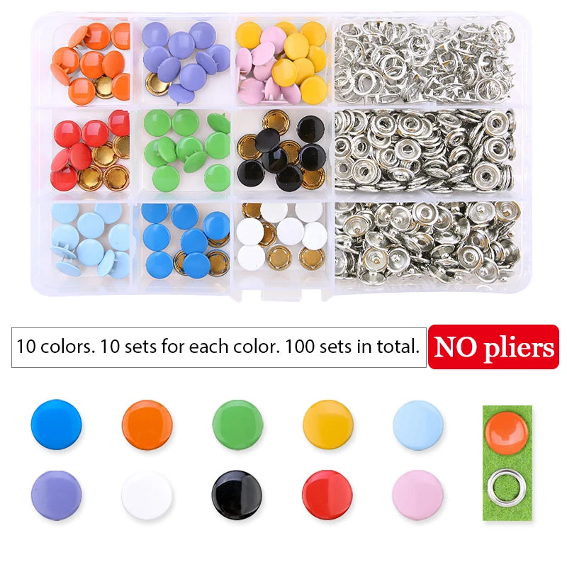 A variety of metal snap fasteners in ten colors and sets for each color, packaged with a pliers tool.