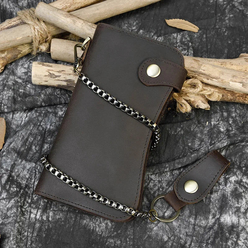 Vintage Leather Bifold Wallet with Metal Chain