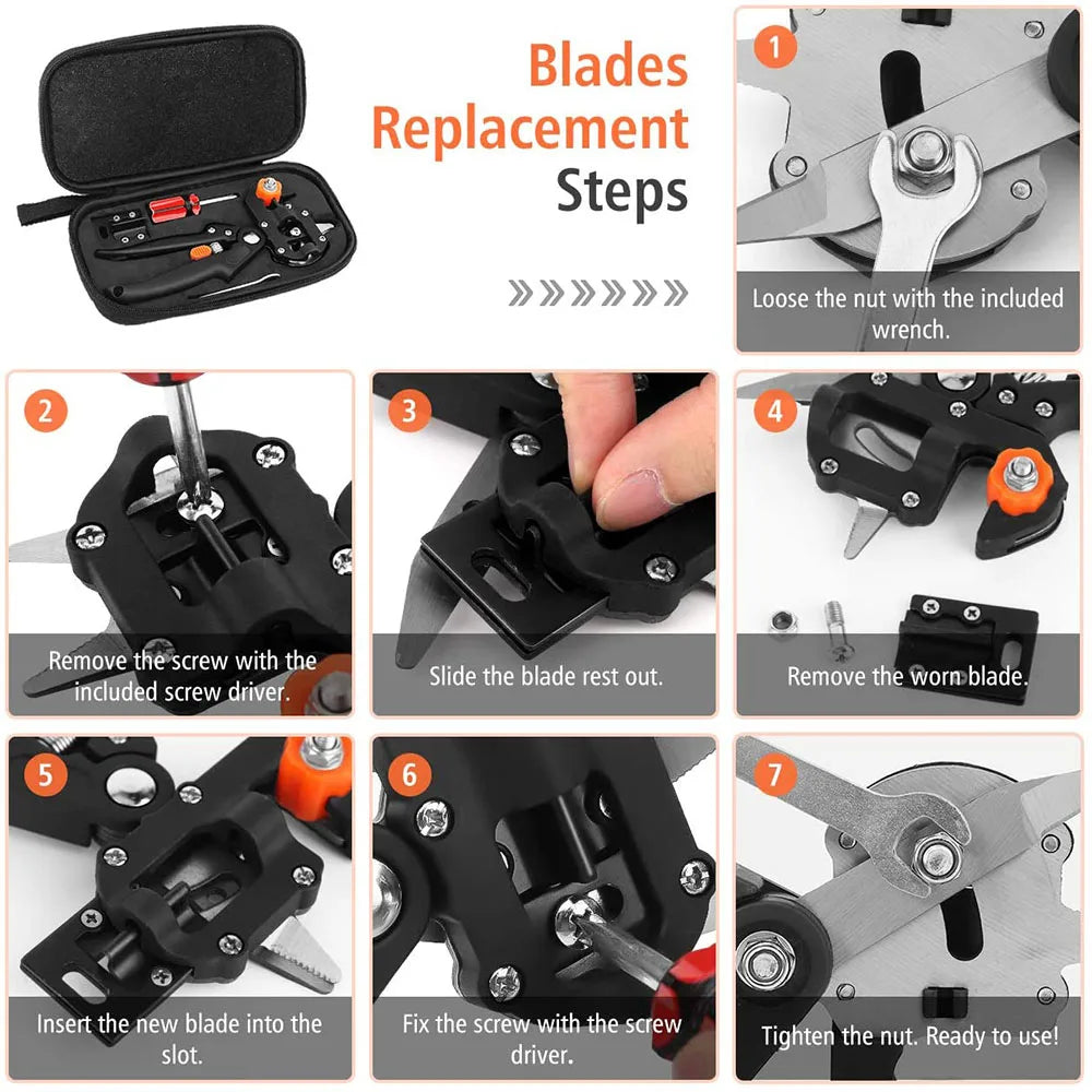 Step-by-step instructions showing how to replace blades on a grafting pruner tool.