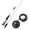A dual band VHF/UHF mobile antenna with a coiled wire and mounting base.