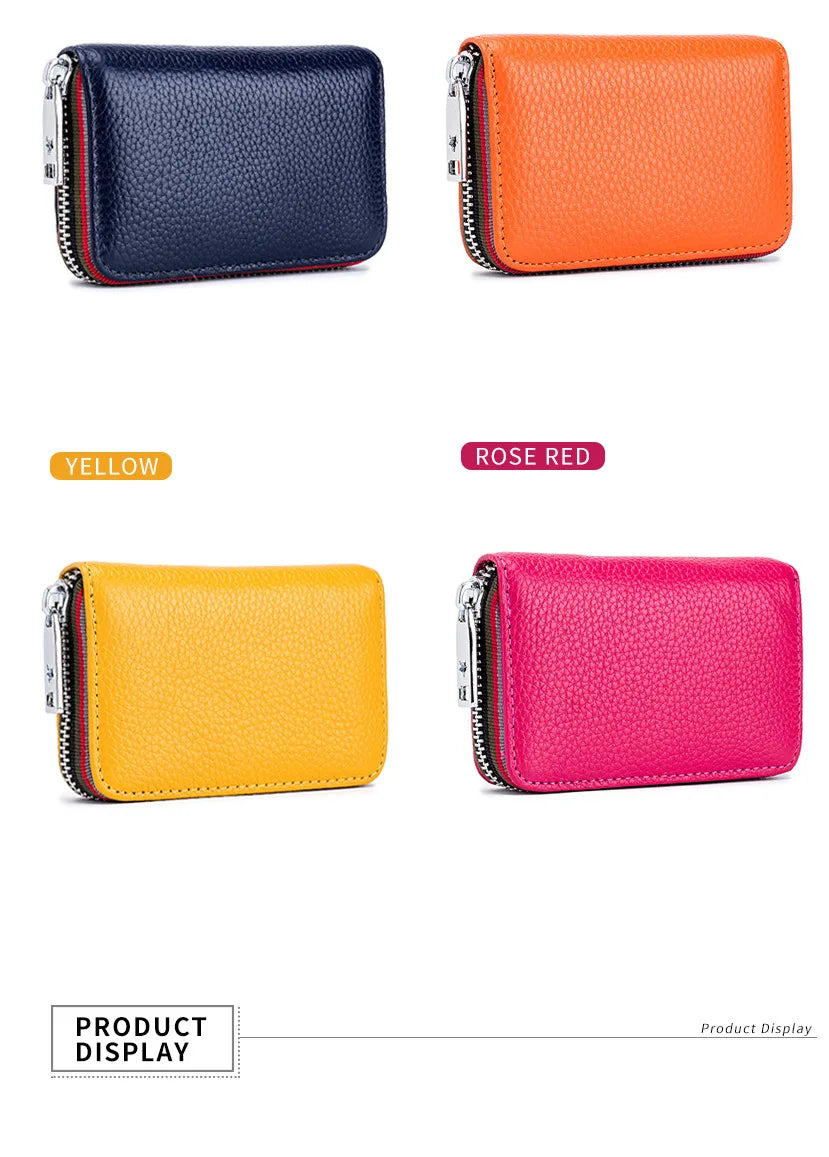 Four genuine leather card holders in navy blue, orange, yellow, and rose red with zippers