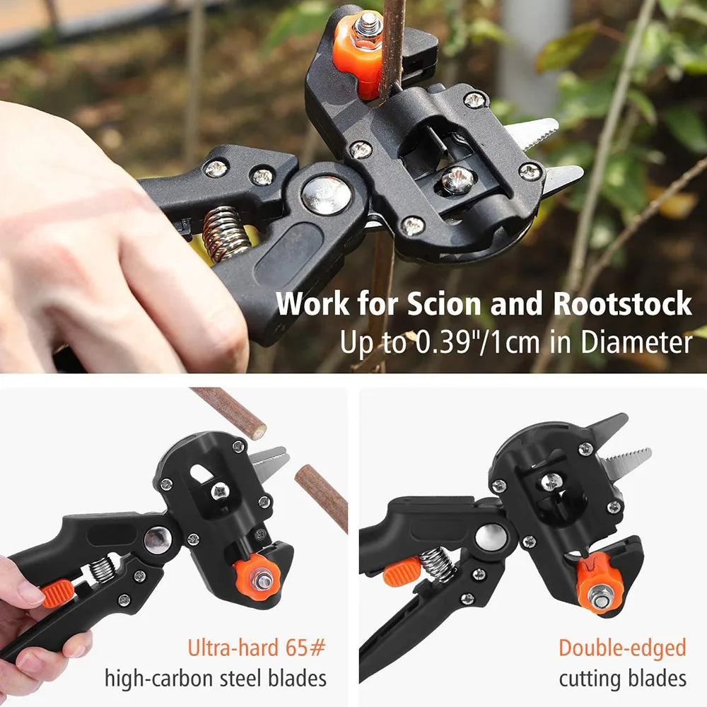 A hand demonstrates a black grafting pruner with replaceable blades, showing its use for precise garden cuts.