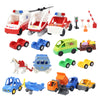 A set of city rescue vehicles and building blocks including a white van, red truck, and various other vehicles.