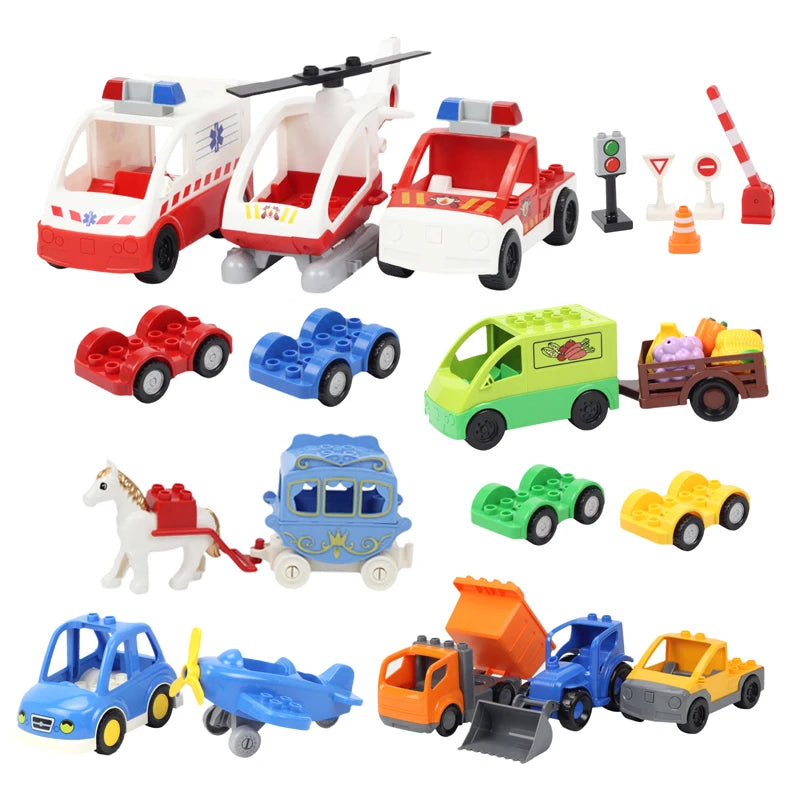 A set of city rescue vehicles and building blocks including a white van, red truck, and various other vehicles.