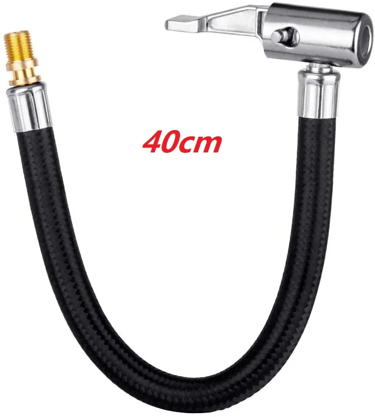 A flexible black hose with a brass fitting is shown, used for air chucking tires.