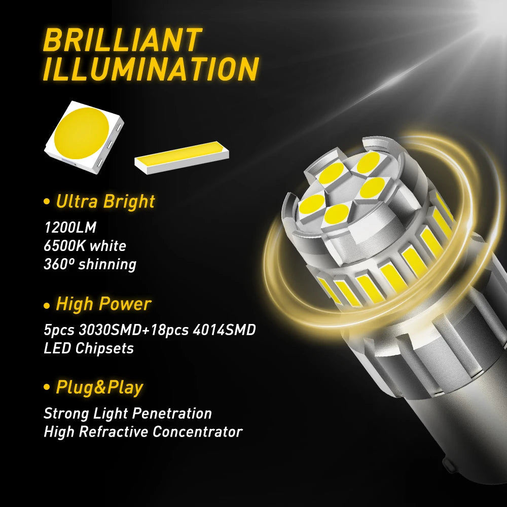 A close-up of a bright LED car bulb with a yellow light emitting from the lens.