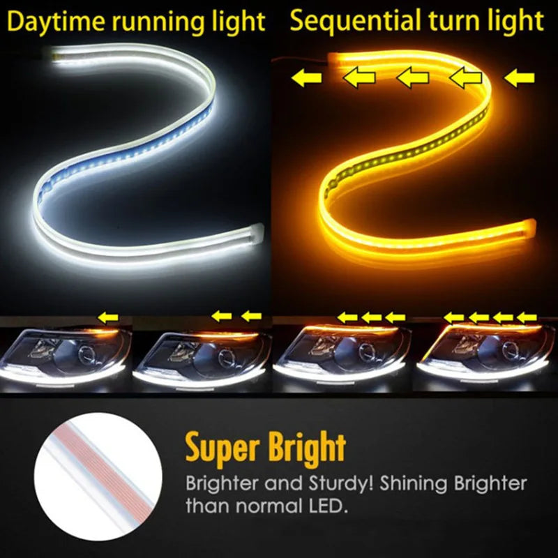 Flexible LED daytime running light strip with sequential turn signal lights and headlight installation examples