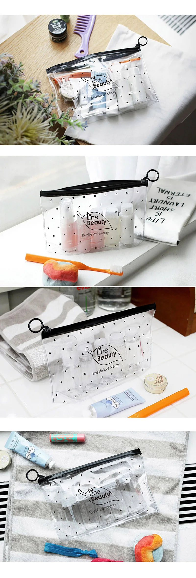 A clear transparent travel toiletry bag with a hanging hook filled with various beauty products.