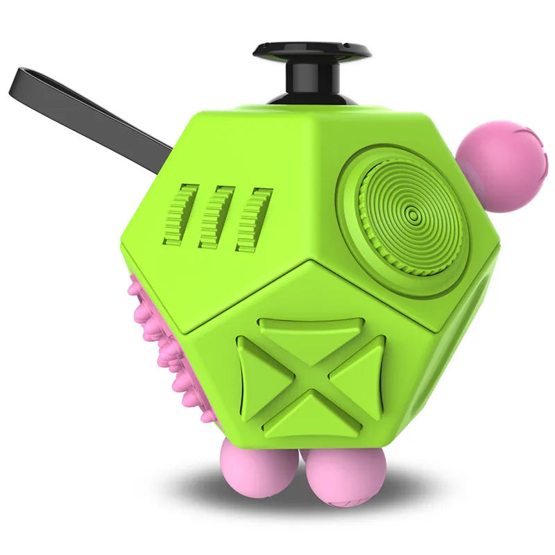 A bright lime green 12-sided fidget cube with a black knob and pink accents.