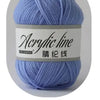 A ball of light blue acrylic line yarn labeled as 61 strength for knitting and crochet.