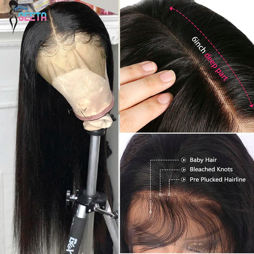 Gros plan d'une perruque lace front noire en os, montrant la ligne des cheveux et la raie profonde.