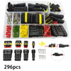 A variety of black and yellow waterproof automotive electrical connectors, including male and female terminals.