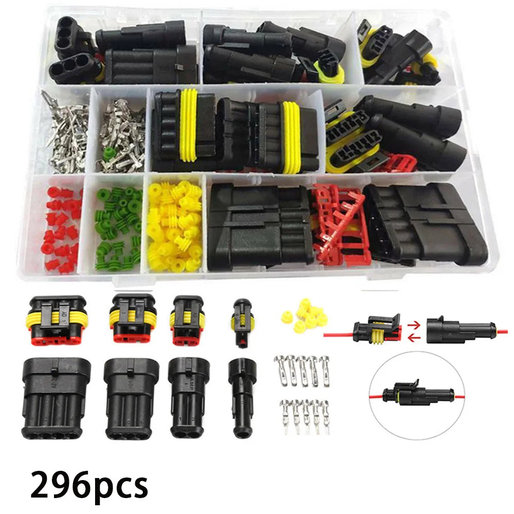 A variety of black and yellow waterproof automotive electrical connectors, including male and female terminals.
