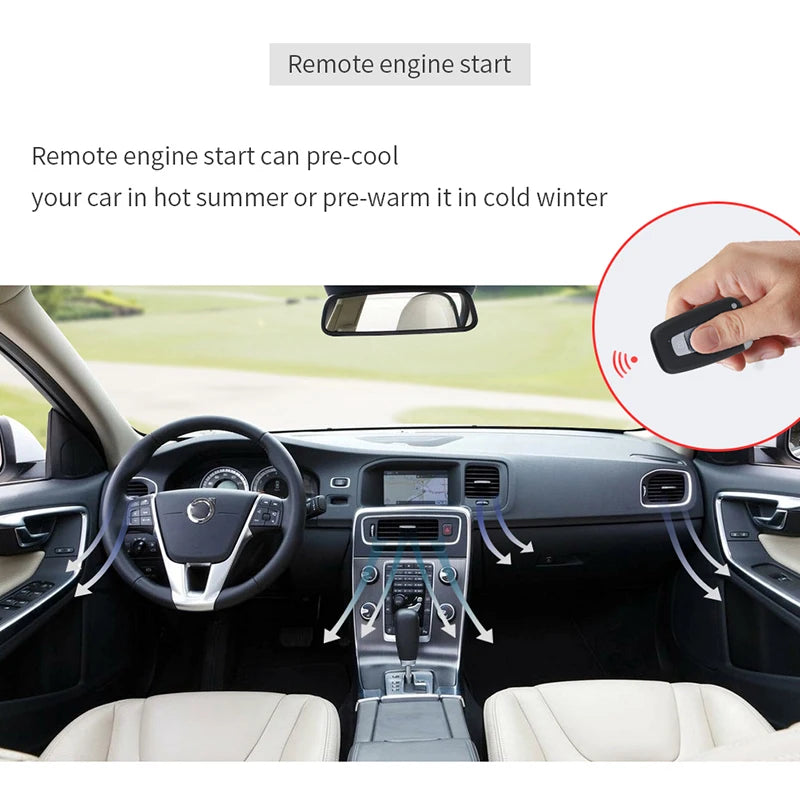 Interior view of a car showing the steering wheel, dashboard, and controls for remote engine start.