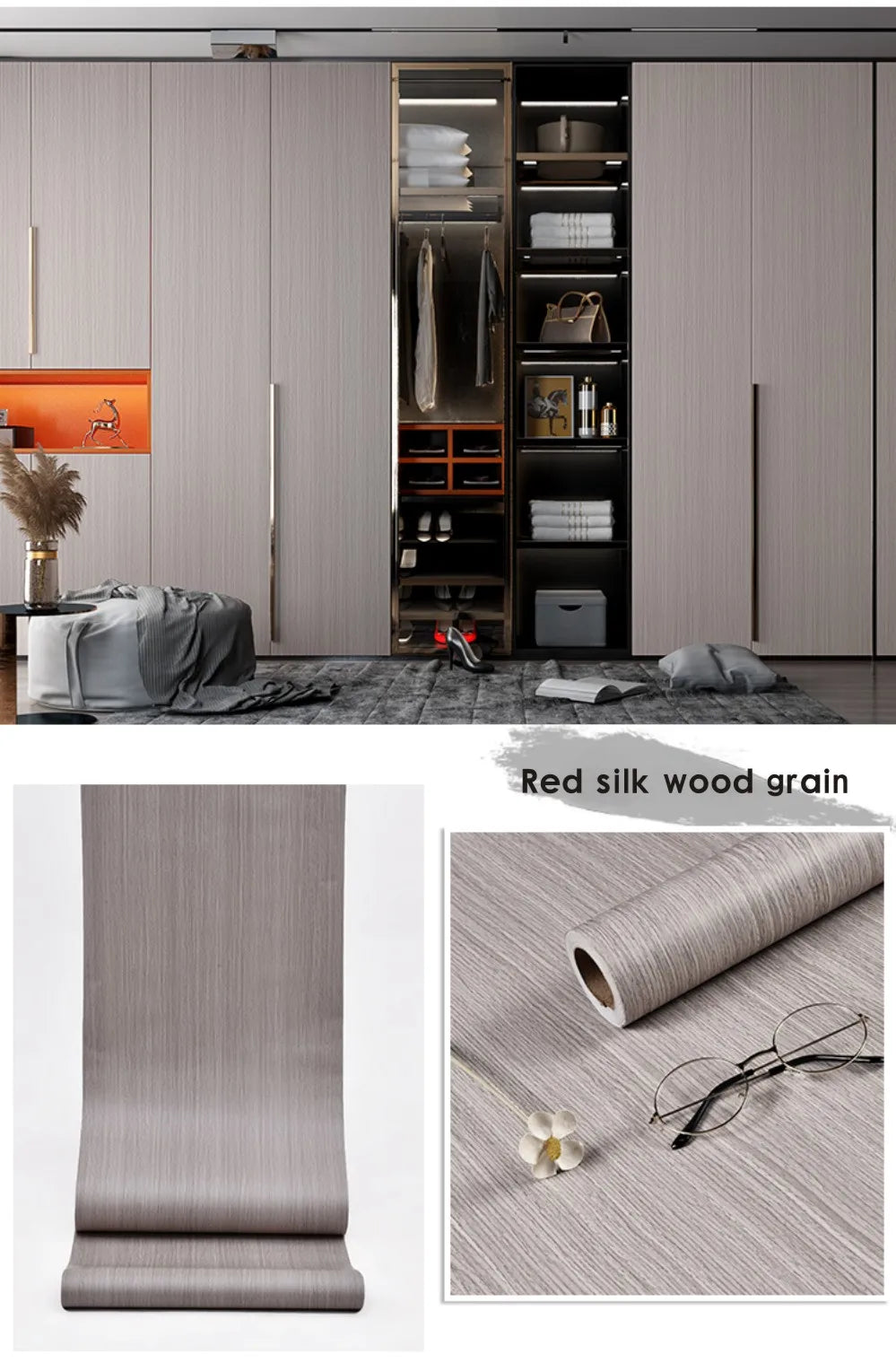 Roll of red silk wood grain wallpaper film showing a textured, natural wood pattern.