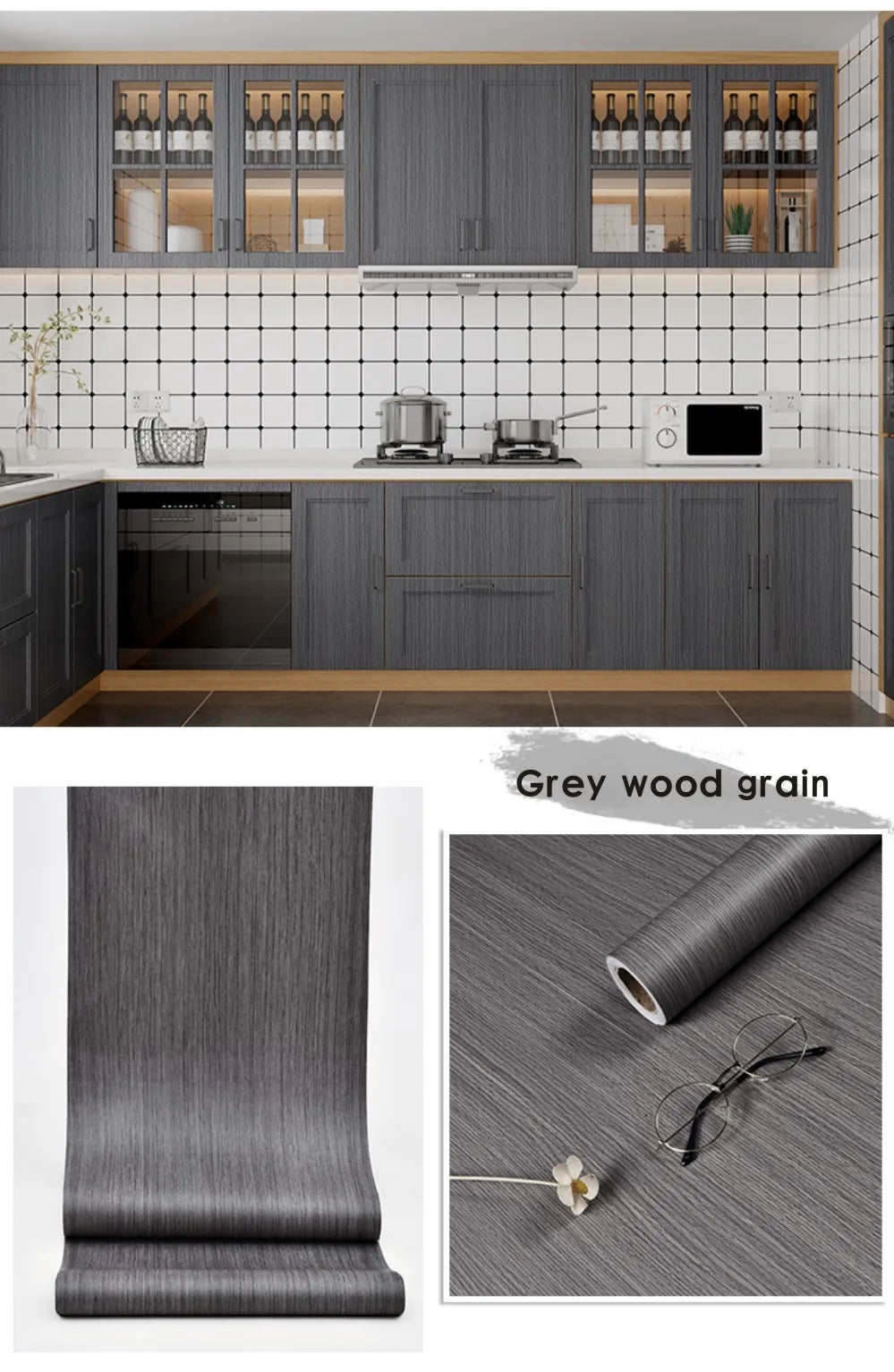 Roll of self-adhesive wood grain wallpaper film showing a textured grey finish.