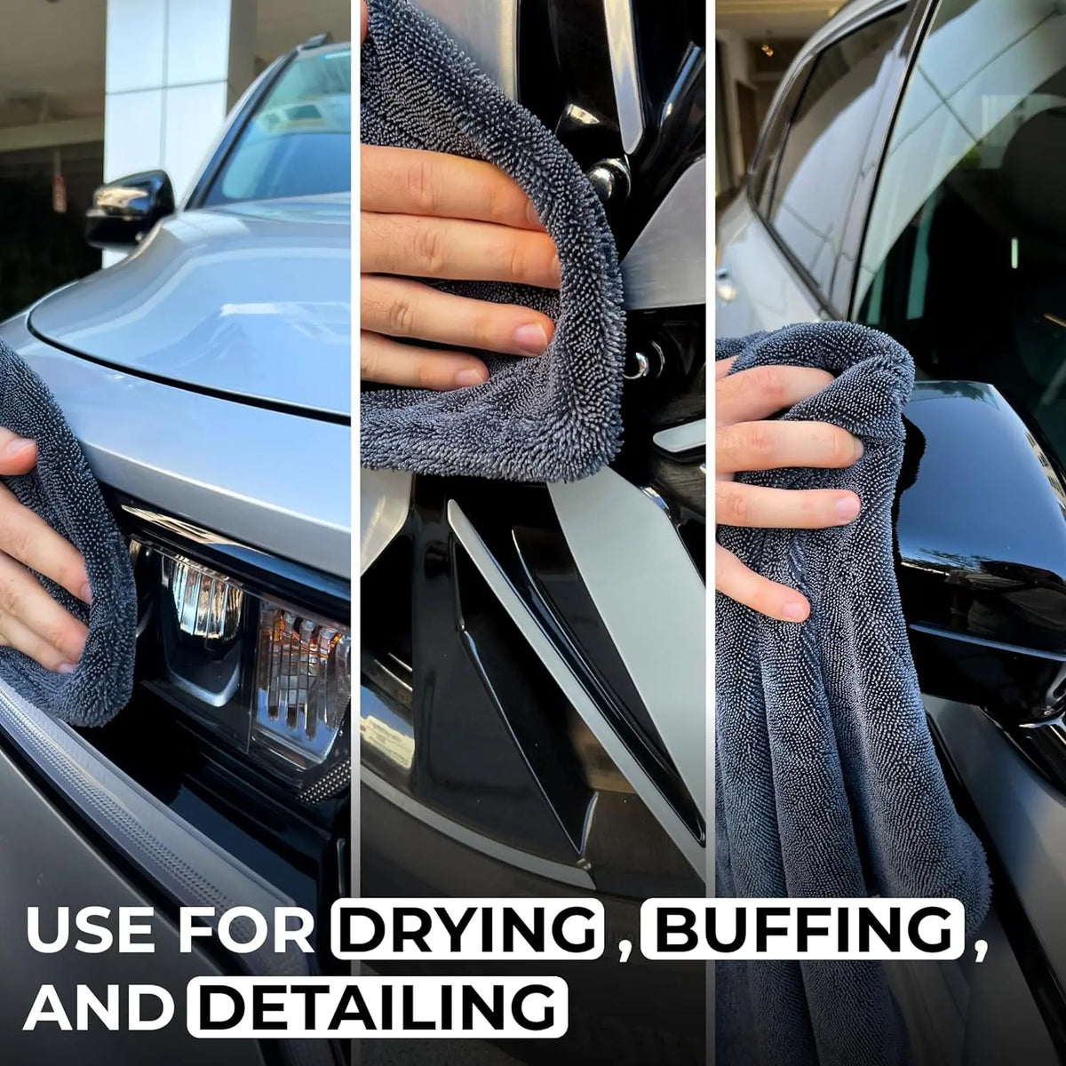 Close-up of a dark gray microfiber car drying towel being used to clean the exterior of a silver car.