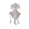 A soft gray elephant plush toy with ears, a trunk, and a blanket for babies.
