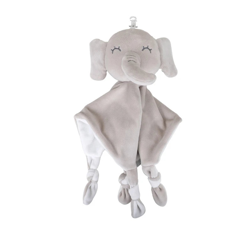 A soft gray elephant plush toy with ears, a trunk, and a blanket for babies.