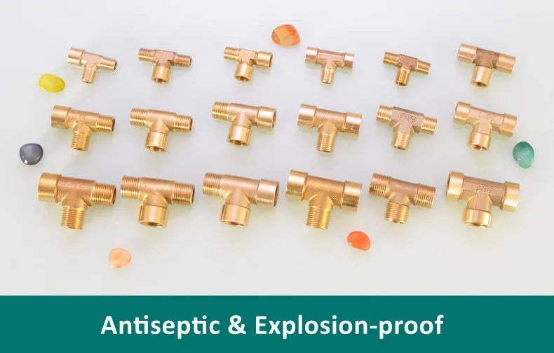 A collection of brass BSP tee pipe fittings for water, oil, and gas connections.