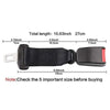 Black seat belt extender with metal buckle showing various length measurements.