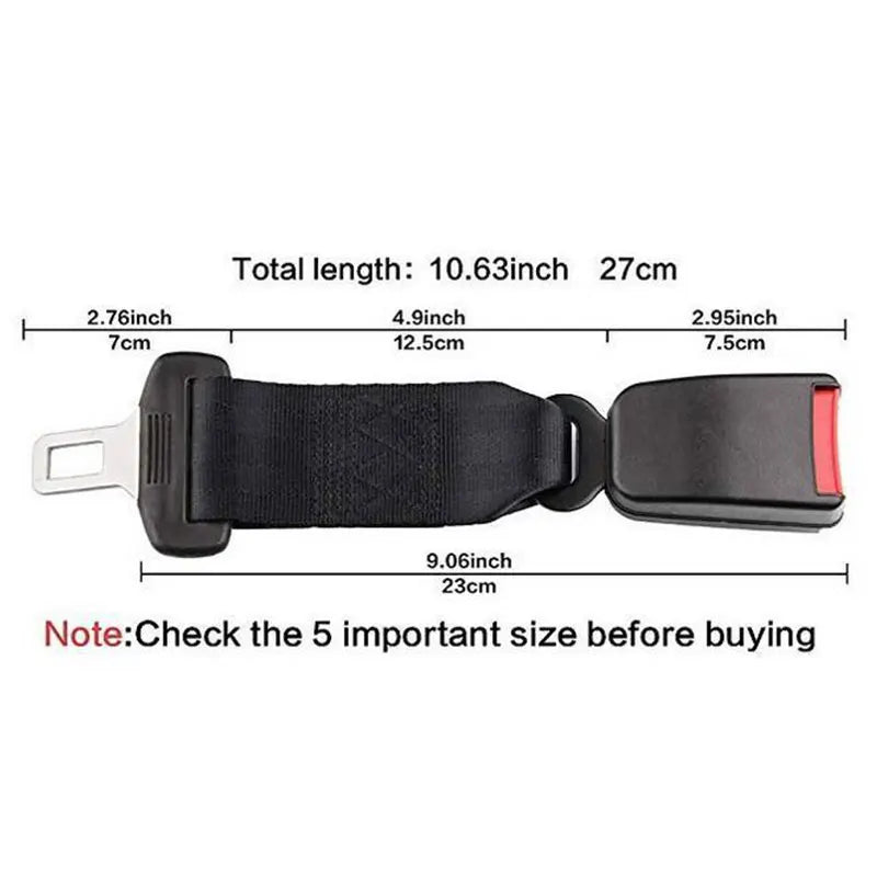 Black seat belt extender with metal buckle showing various length measurements.