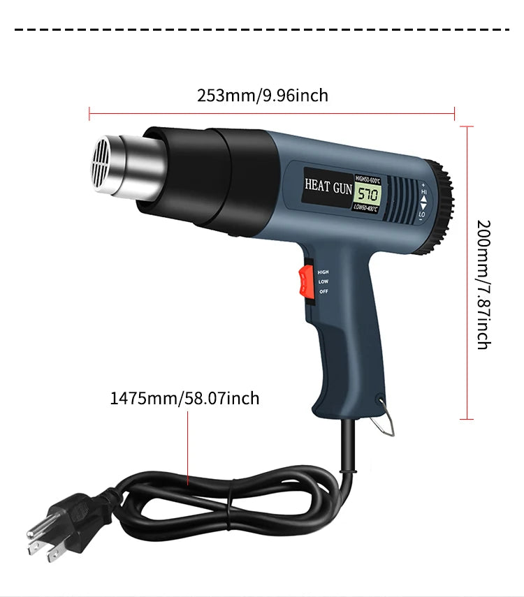 A black digital heat gun with a silver tip and a flexible cord is shown, measuring 253mm long.
