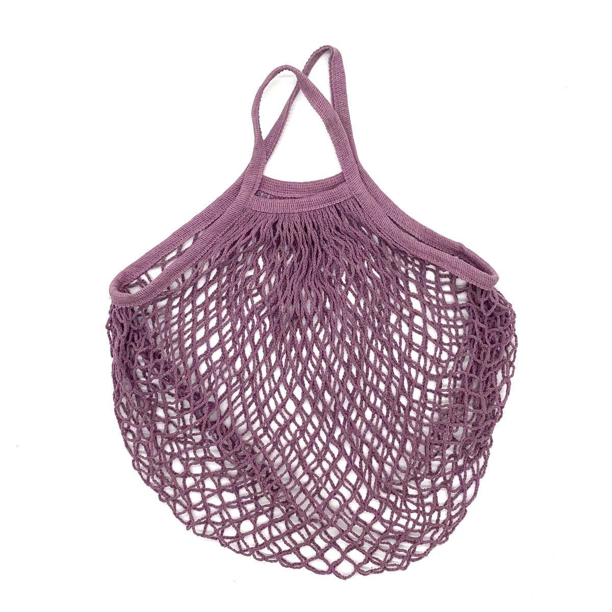 A pair of reusable, mesh organic cotton produce bags in a dusty purple color.