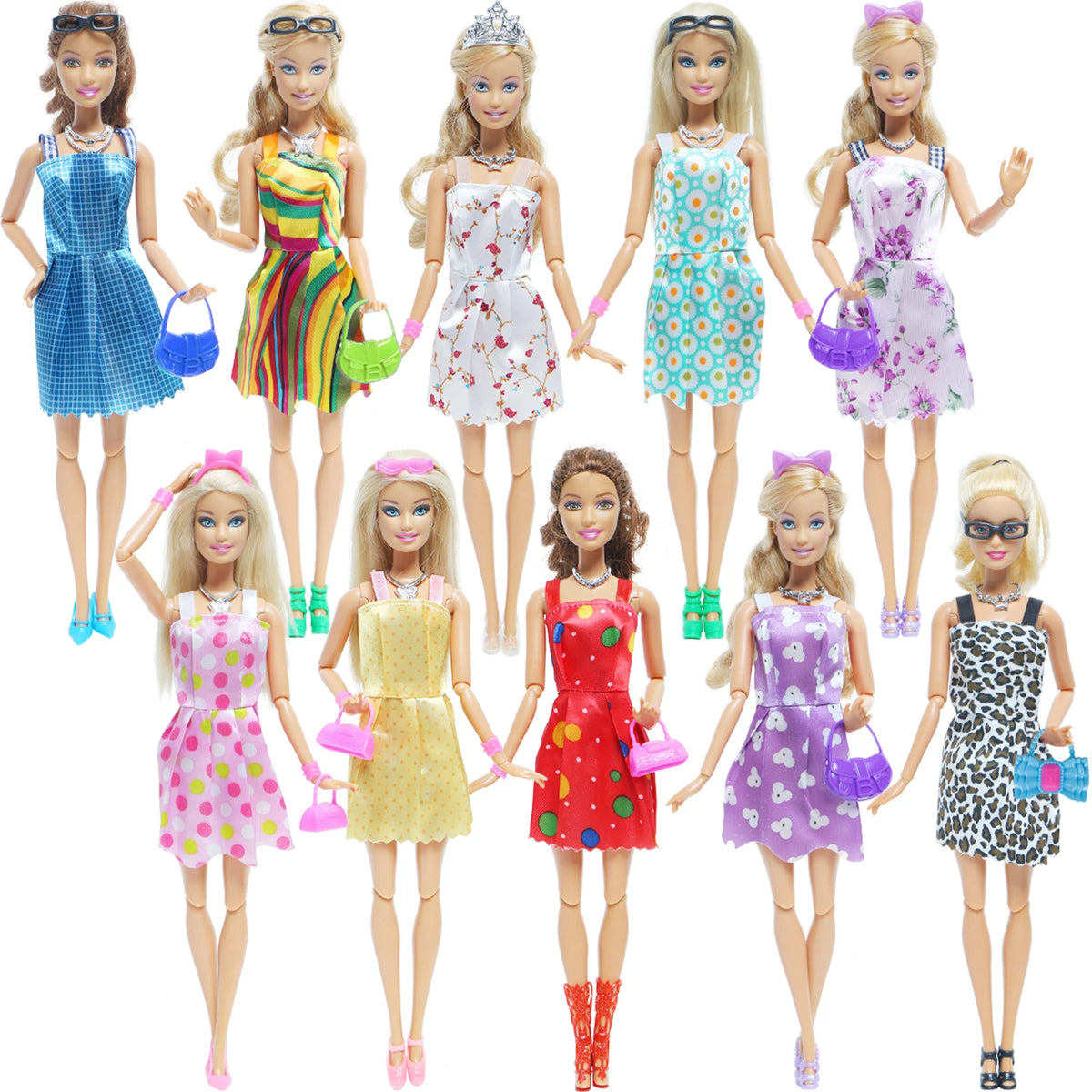 A collection of various fashion dolls and accessories in colorful dresses and outfits.