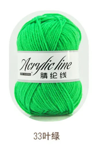 A ball of bright green acrylic line yarn labeled as Acrylic line and 33-gauge thread.