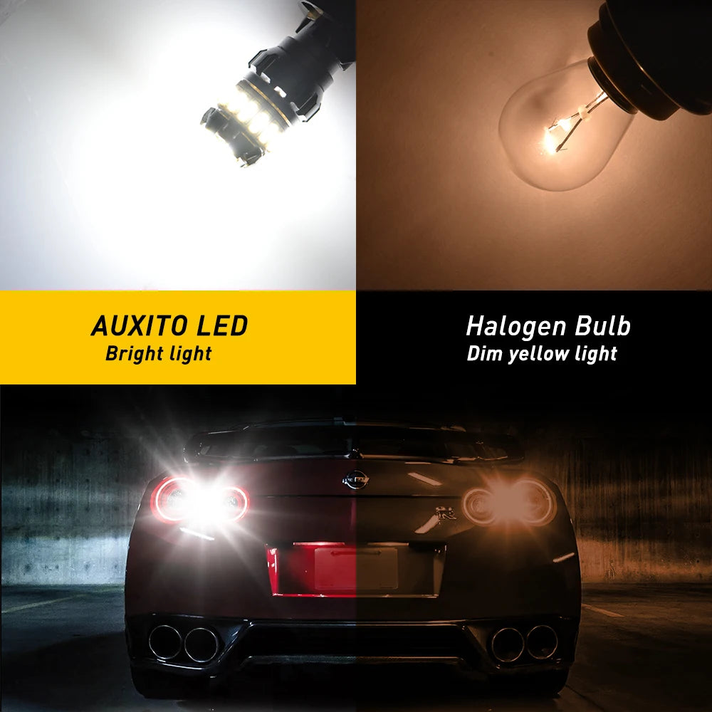 A set of Auxito LED bulbs shown alongside a halogen bulb, with an example of the LED light illuminating a car's rear lights.